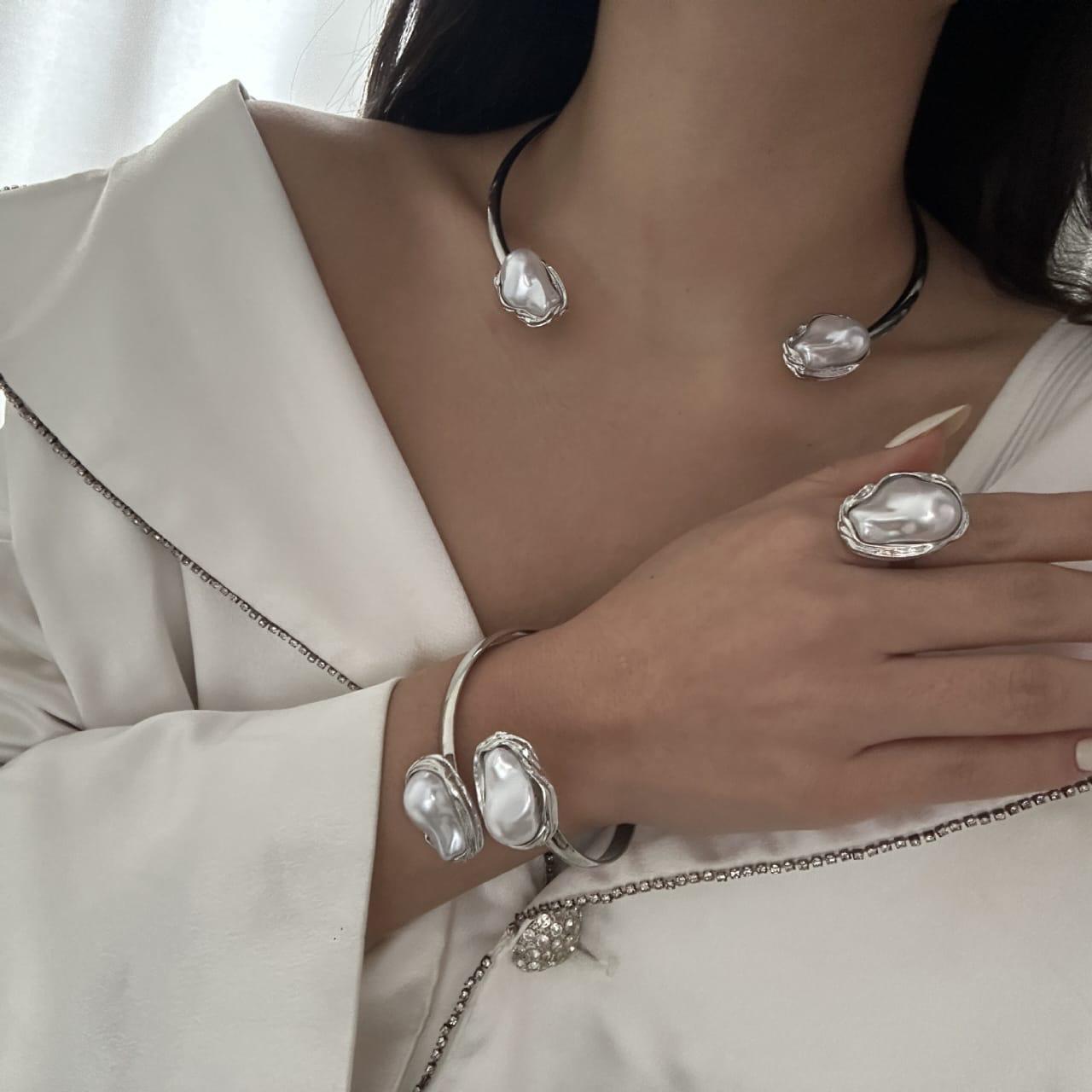 Baroque Pearl Necklace + Bracelet + Ring Silver Combo
