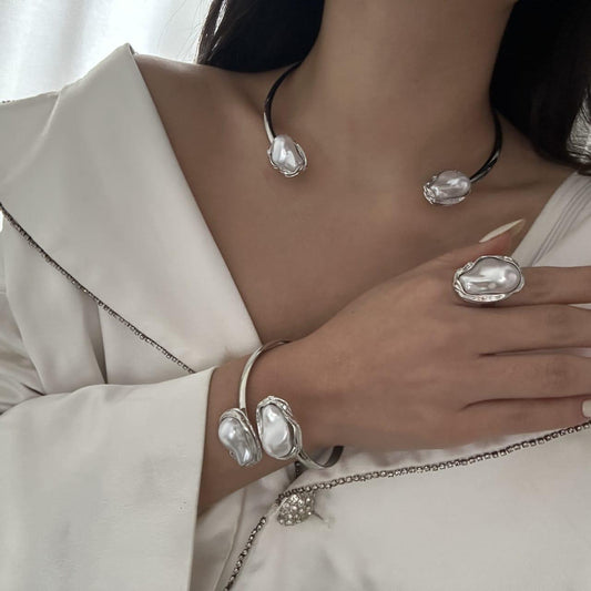 Baroque Pearl Necklace + Bracelet + Ring Silver Combo