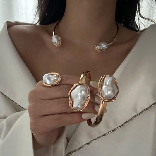 Baroque Pearl Necklace + Bracelet + Ring Gold Combo